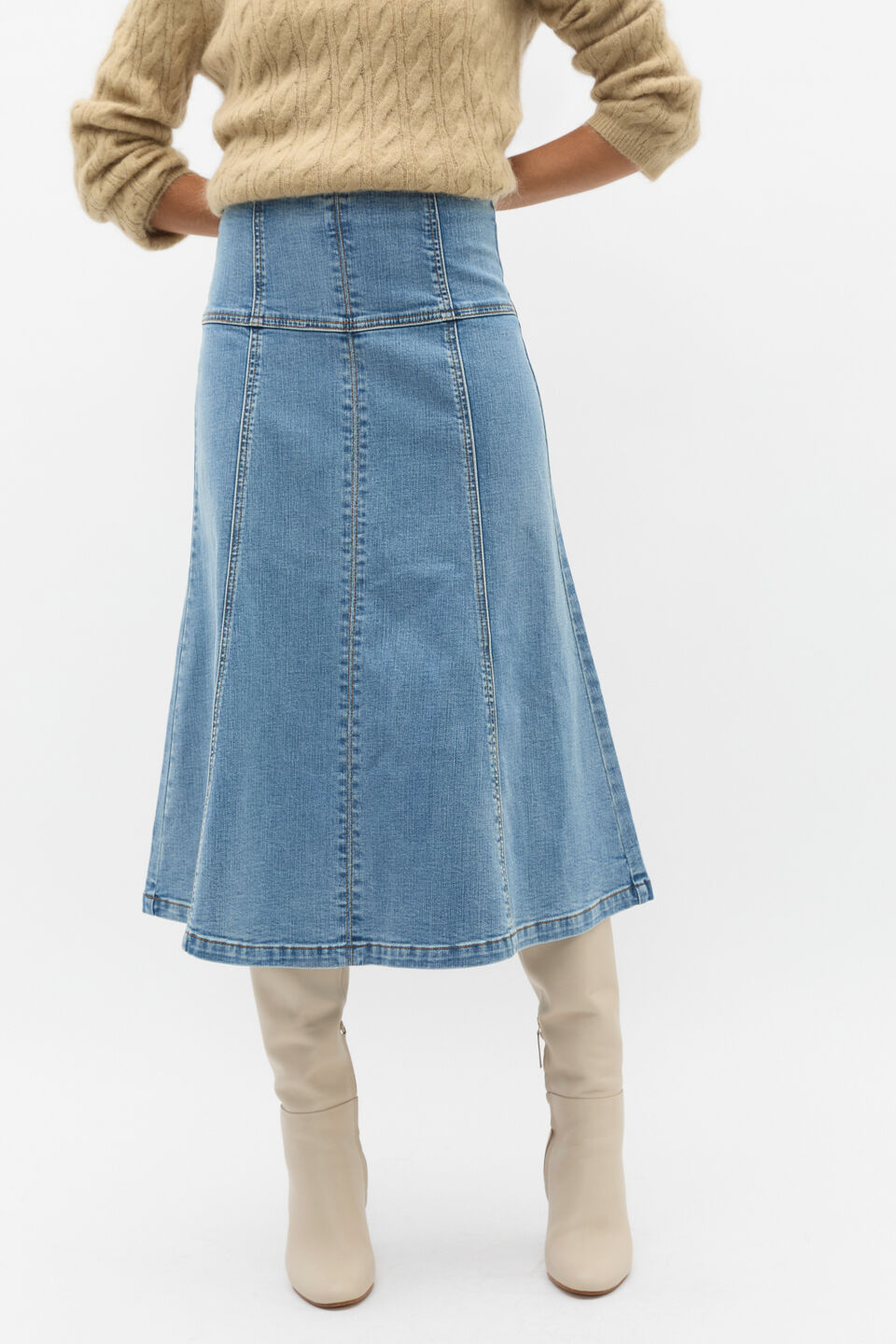 Denim Fit Flare Skirt  Ice Blue Wash