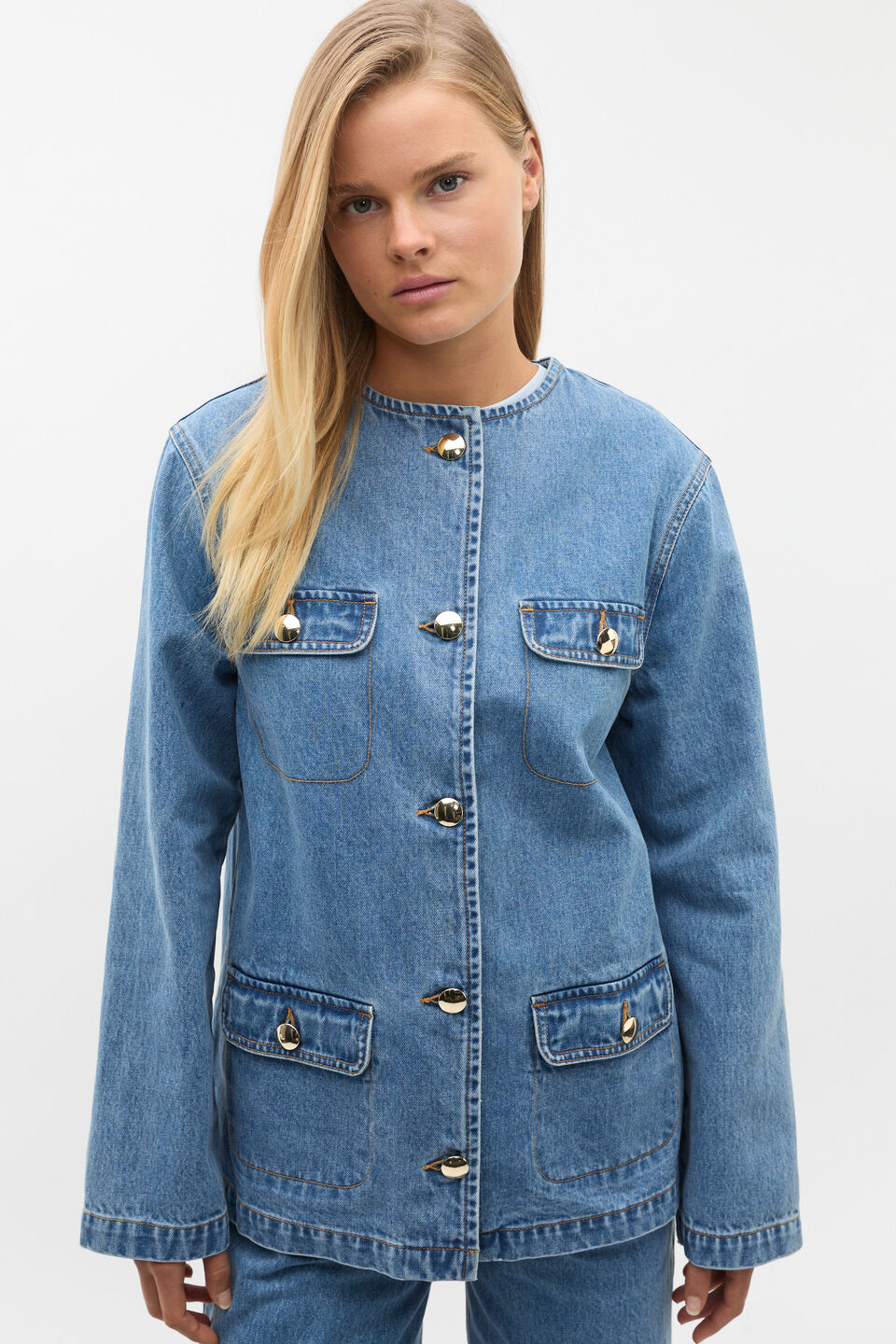 Denim Collarless Jacket  Ice Blue Wash