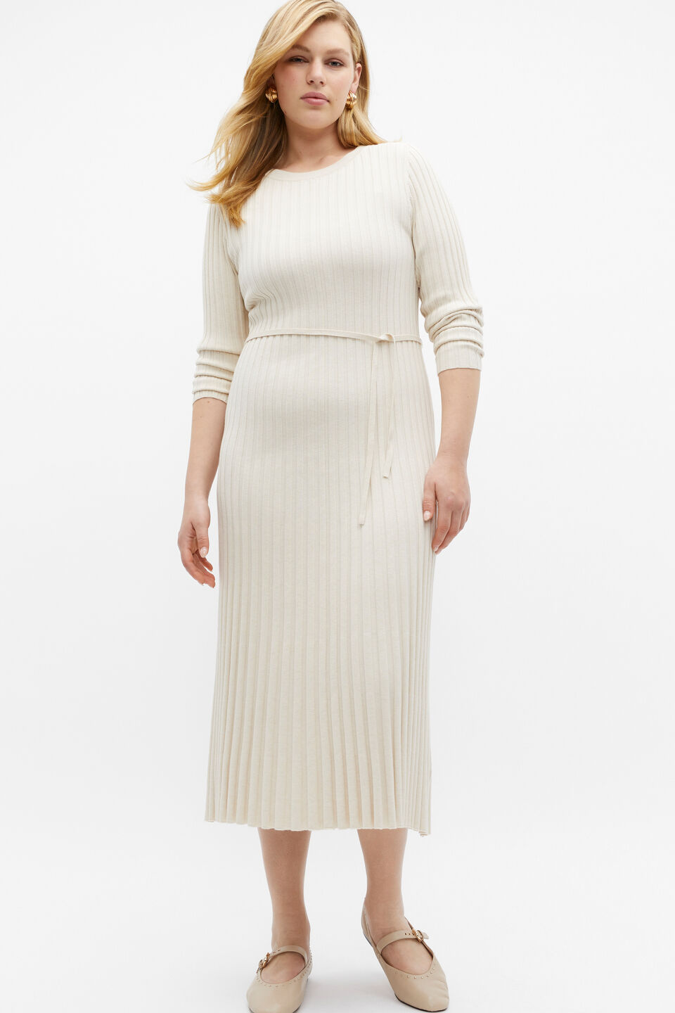 Pleated Knit Midi Dress  Vanilla Cream Marle
