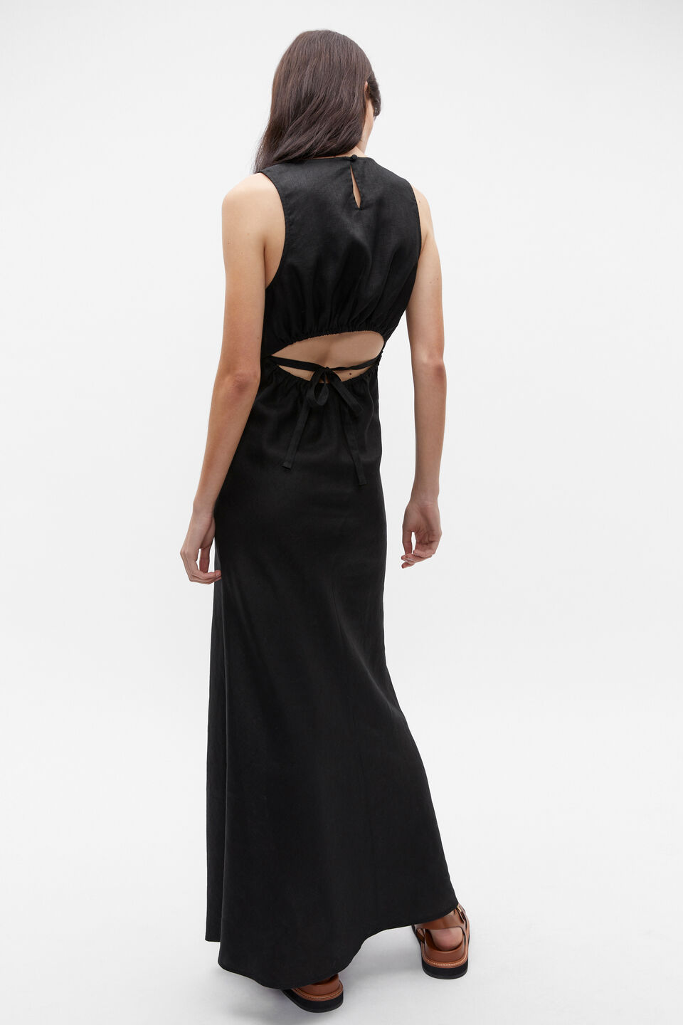 Linen Ruched Side Maxi Dress  Black