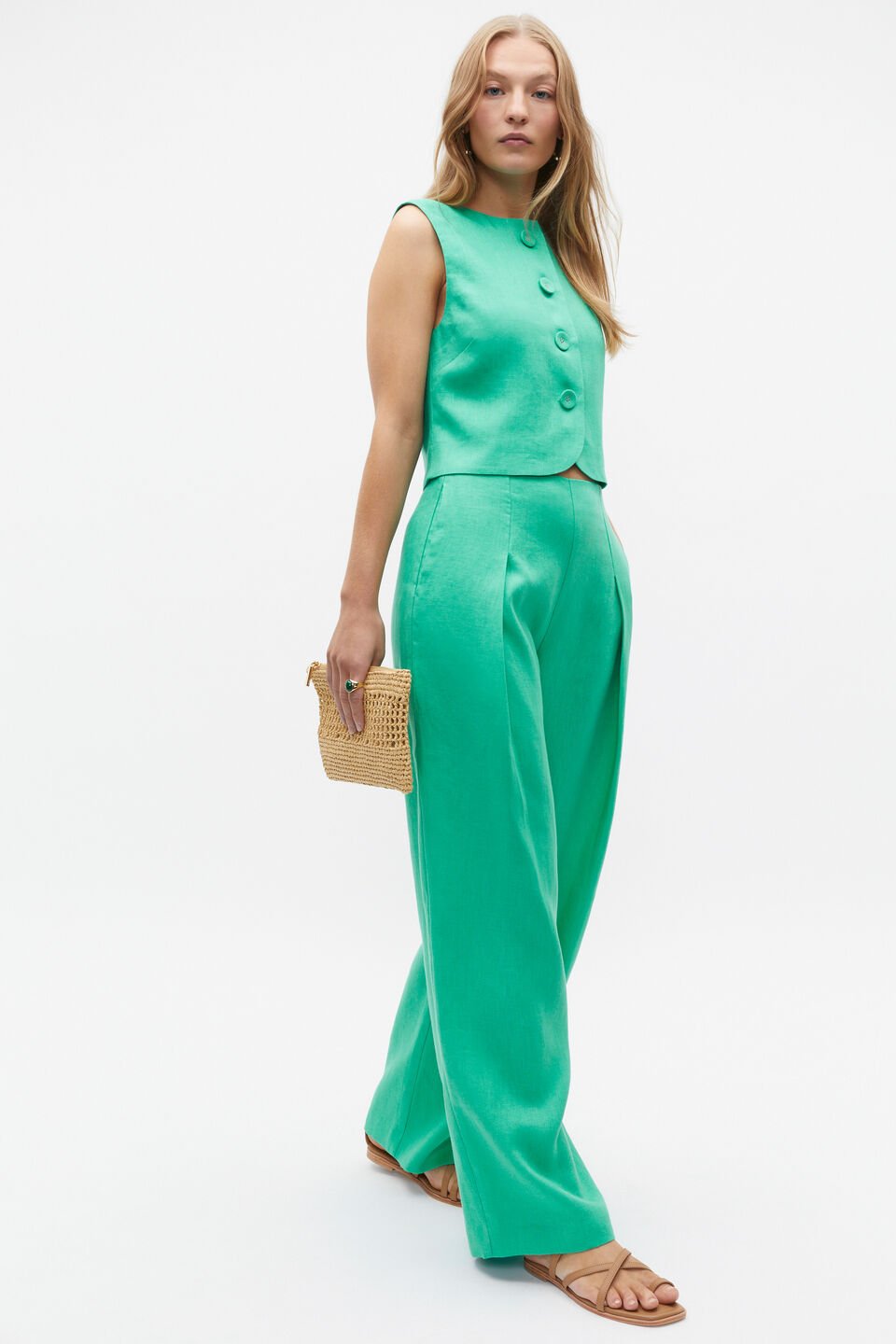 Linen Button Down Shell Top  Deep Emerald