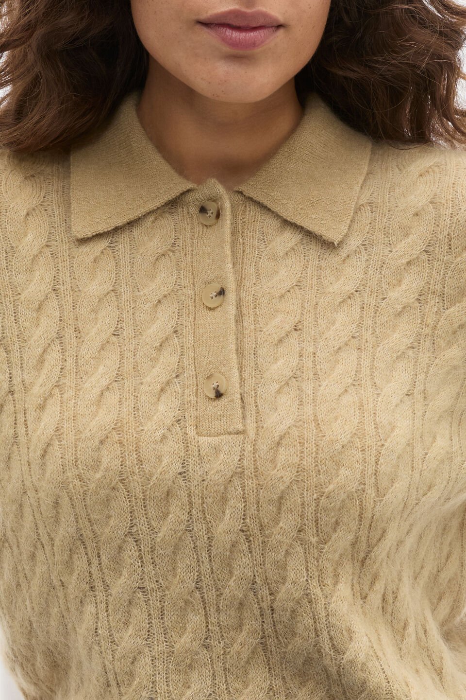 Cable Detail Knit Polo  Cashew Marle