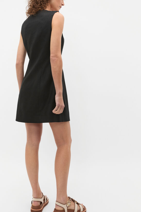 Linen V Neck Button Mini Dress  Black  hi-res