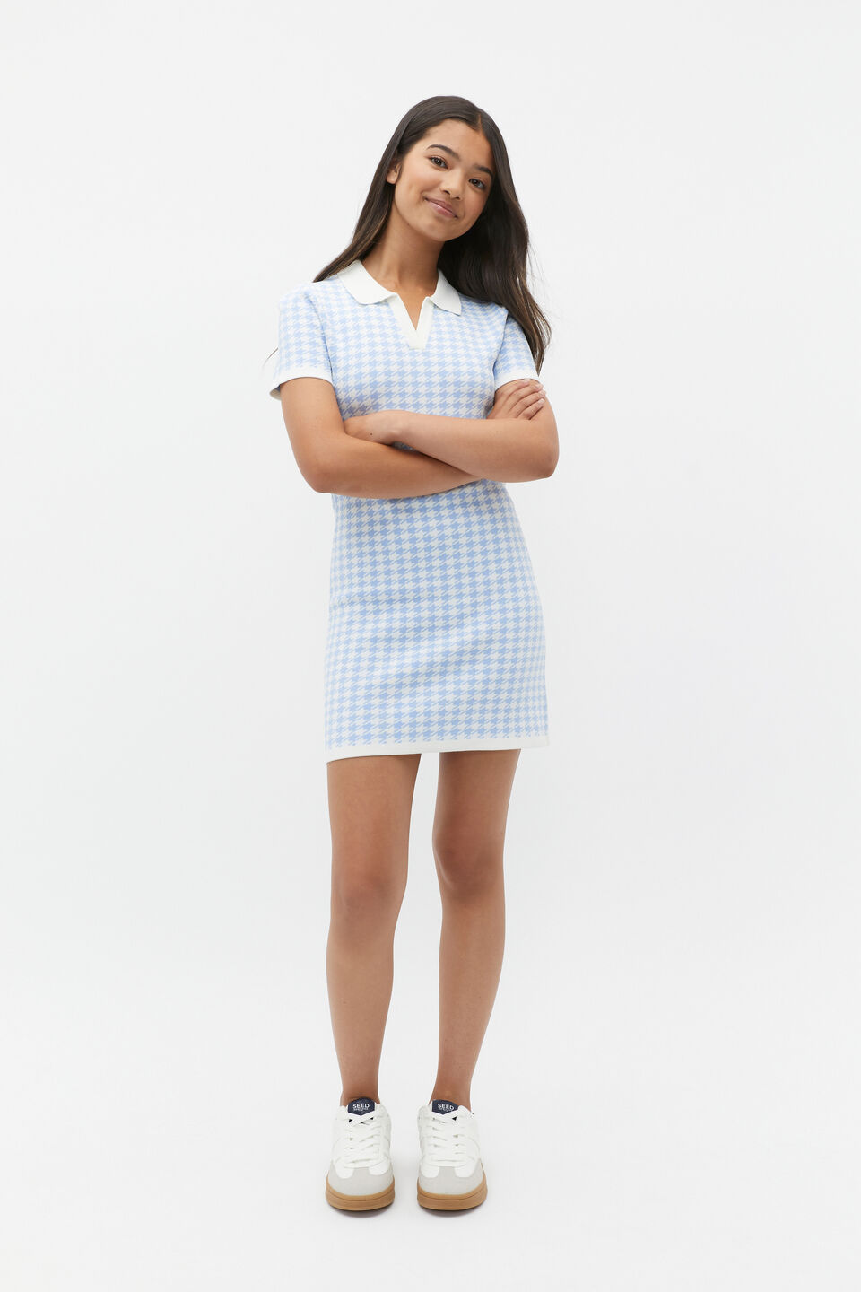 Houndstooth Knit Dress  Blue Jay
