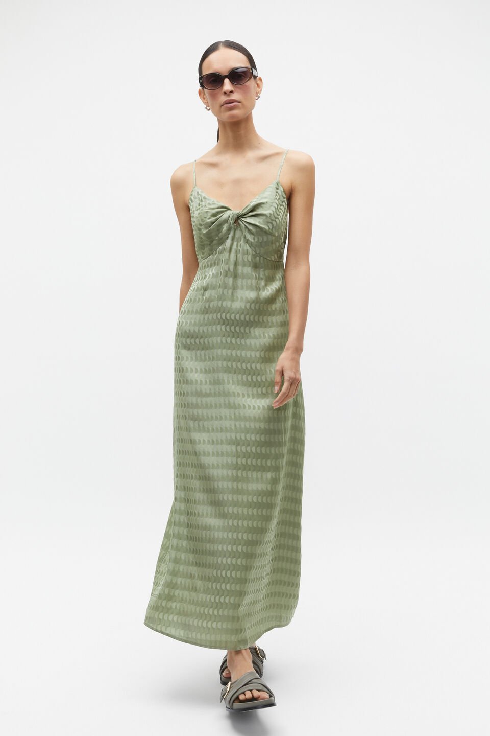 Jacquard Twist Front Midi Dress  Pale Olive