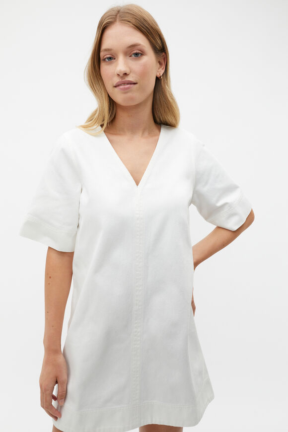 Denim V Neck Mini Dress  Cloud Cream  hi-res
