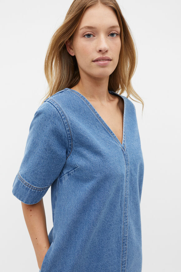 Denim V Neck Mini Dress  Sea Blue Wash  hi-res