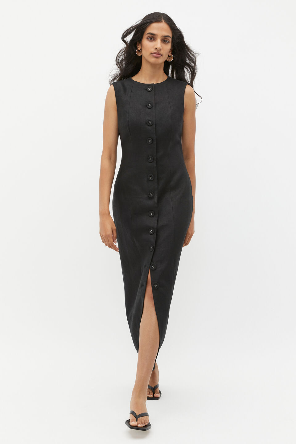 Linen Button Through Midi Dress  Black