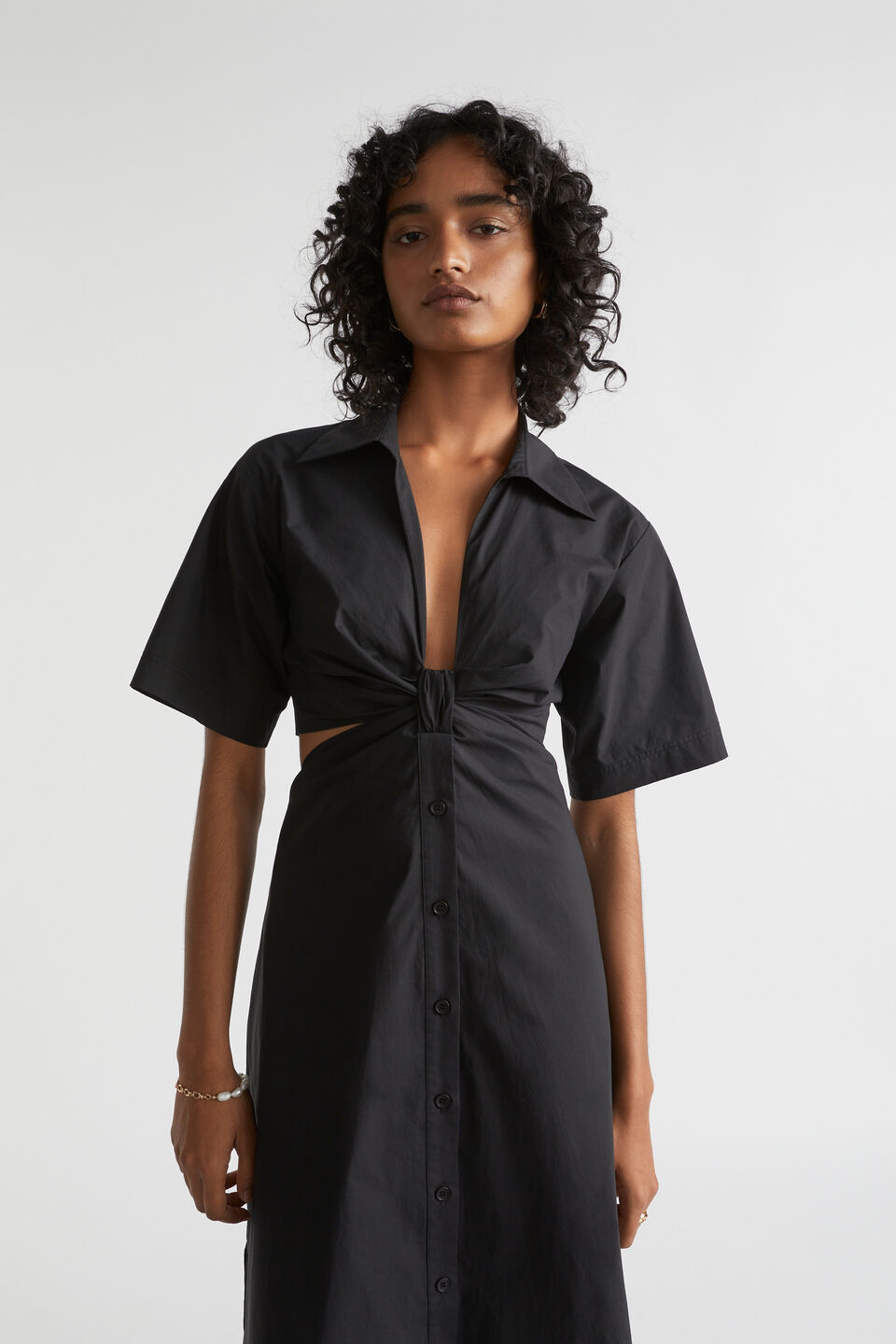 Knot Front Poplin Shirt Dress  Black