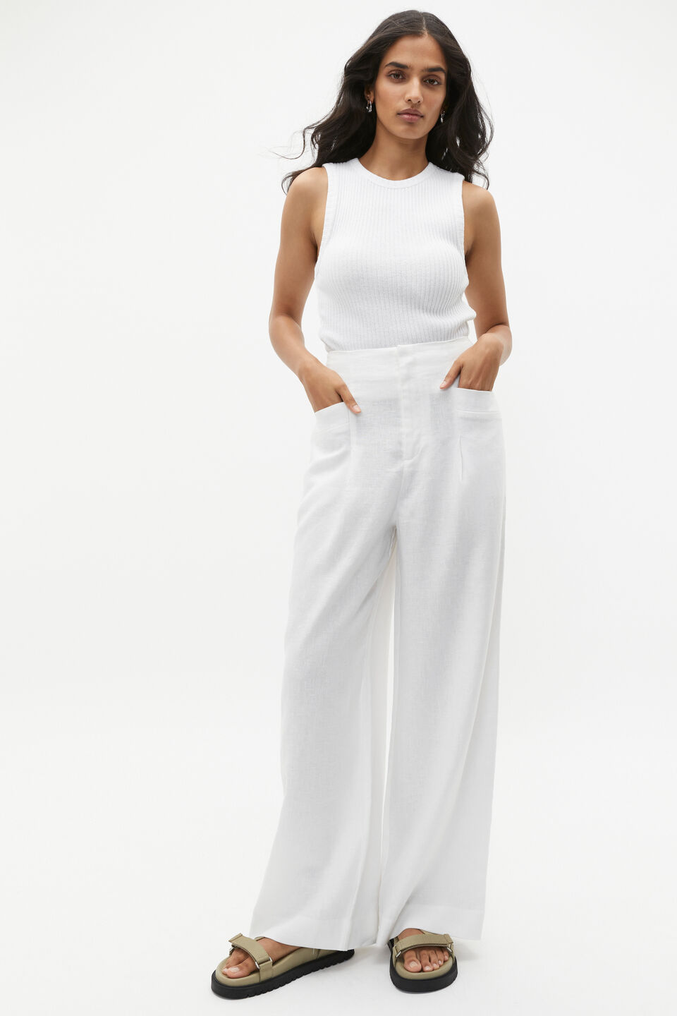 Linen High Rise Pleat Pant  Whisper White