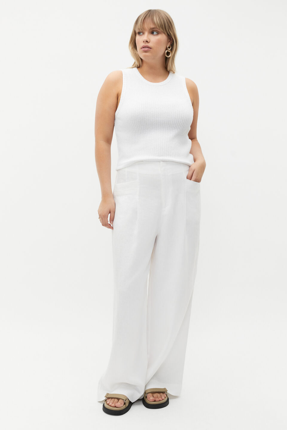 Linen High Rise Pleat Pant  Whisper White