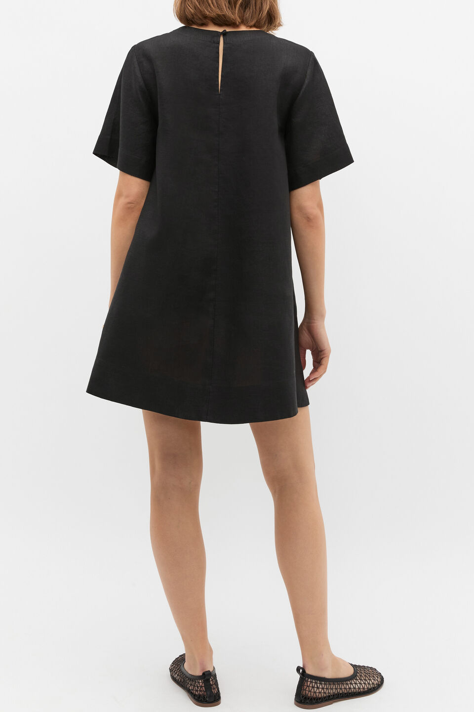 Linen Short Sleeve Mini Dress  Black