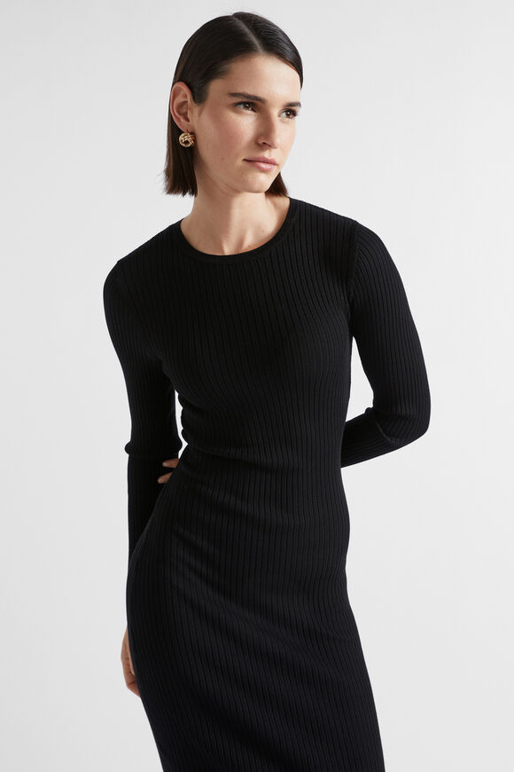 Rib Knit Crew Neck Dress  Black  hi-res