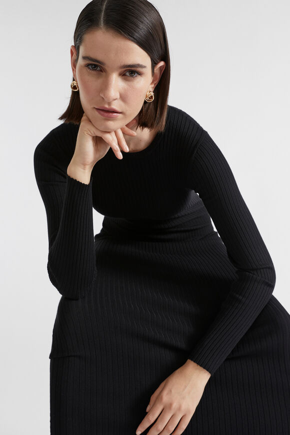 Rib Knit Crew Neck Dress  Black  hi-res
