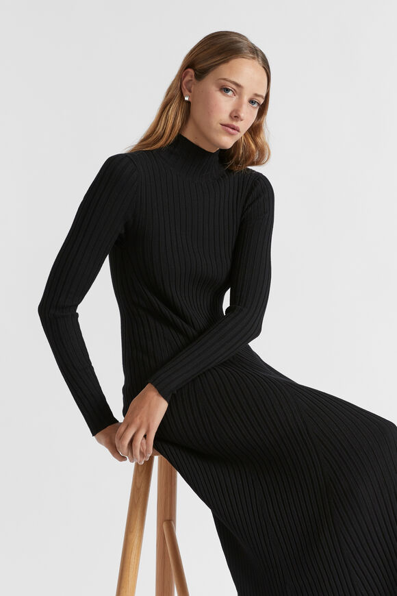 Rib Knit High Neck Dress  Black  hi-res