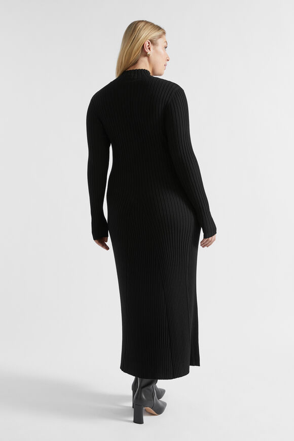 Rib Knit High Neck Dress  Black  hi-res