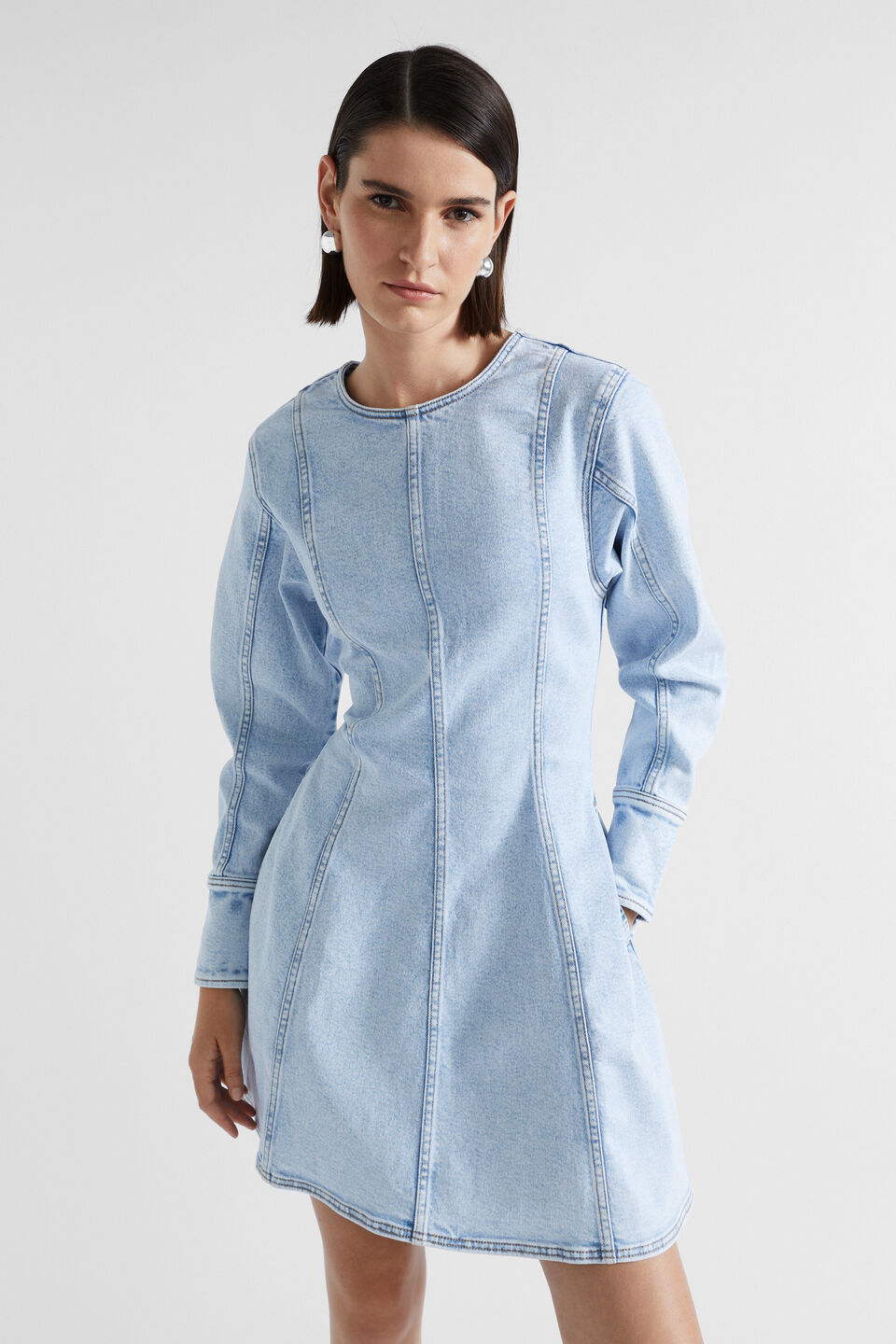 Denim Flounce Mini Dress  Glacier Denim