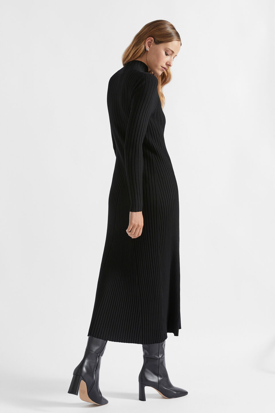 Rib Knit High Neck Dress  Black