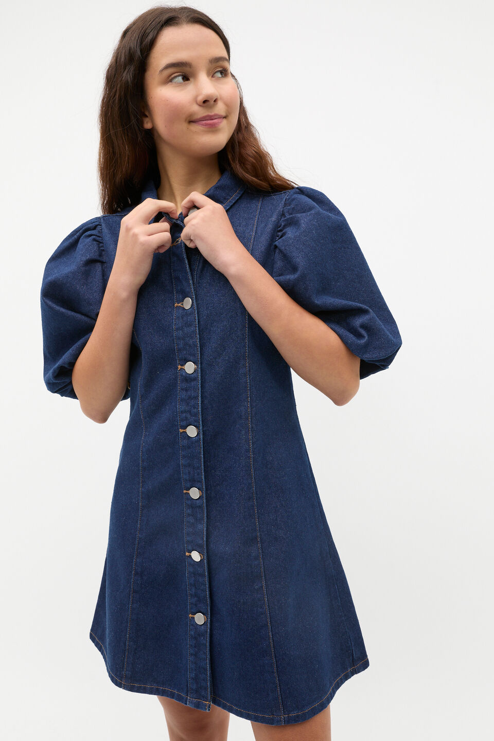 Puff Sleeve Denim Dress  Rinse Wash
