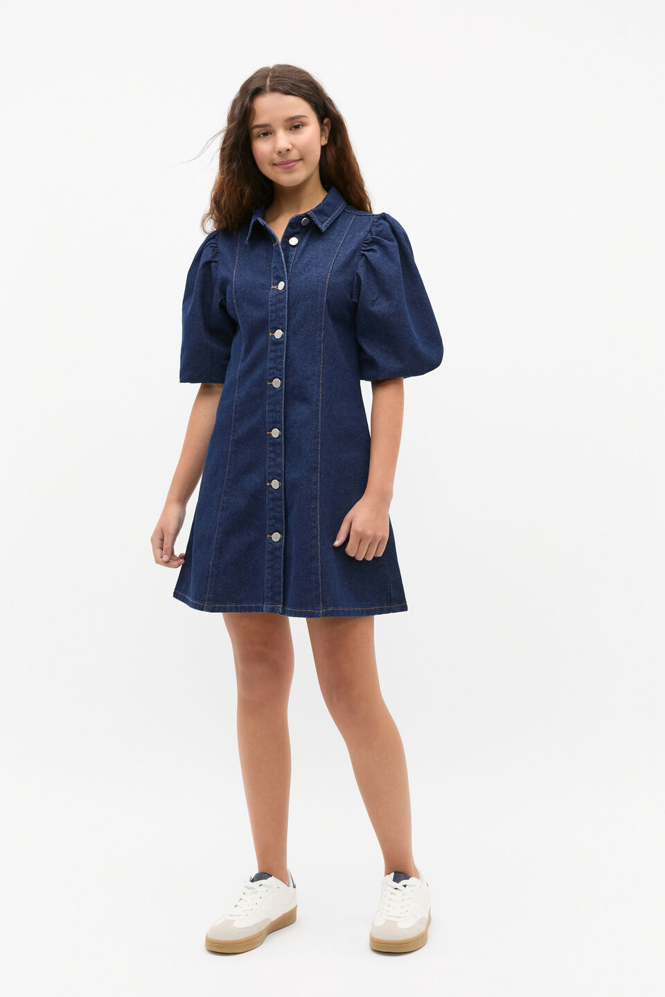Puff Sleeve Denim Dress  Rinse Wash