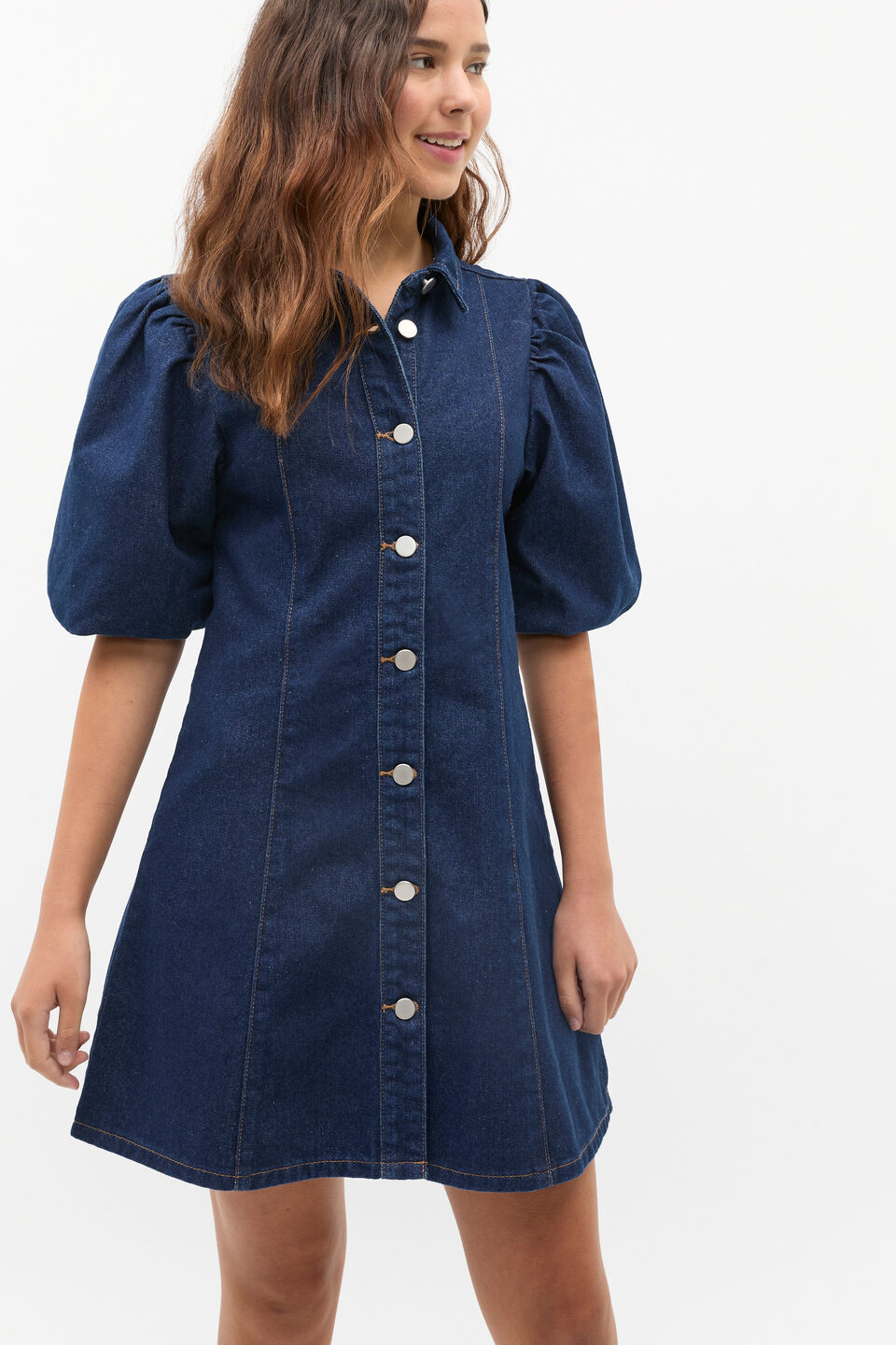 Puff Sleeve Denim Dress  Rinse Wash
