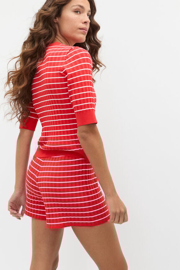 Stripe Rib Knit Short Sleeve Cardigan  Electric Crimson Stripe  hi-res