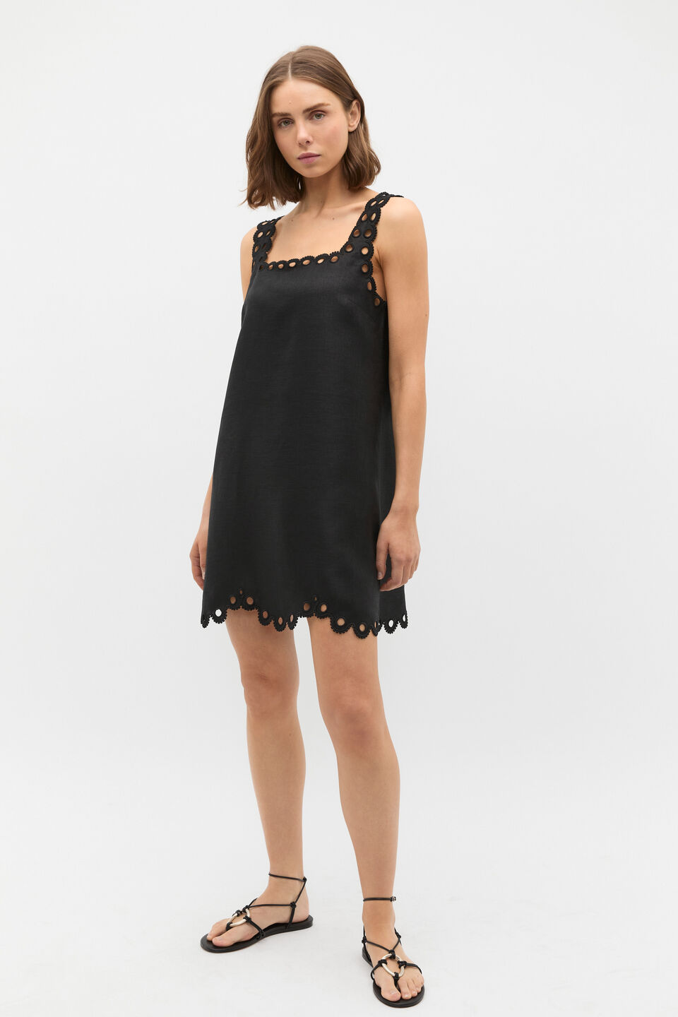 Linen Embroidered Mini Dress  Black