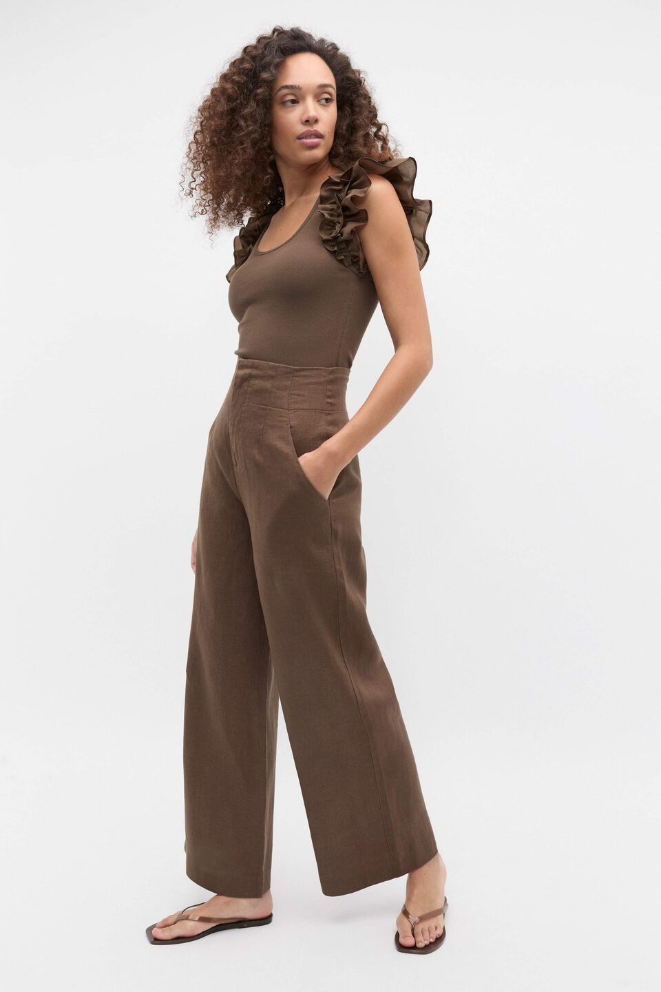 Ruffle Sleeve Rib Tank  Pinecone