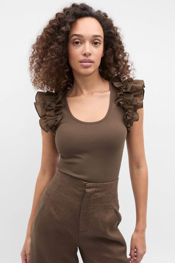 Ruffle Sleeve Rib Tank  Pinecone  hi-res