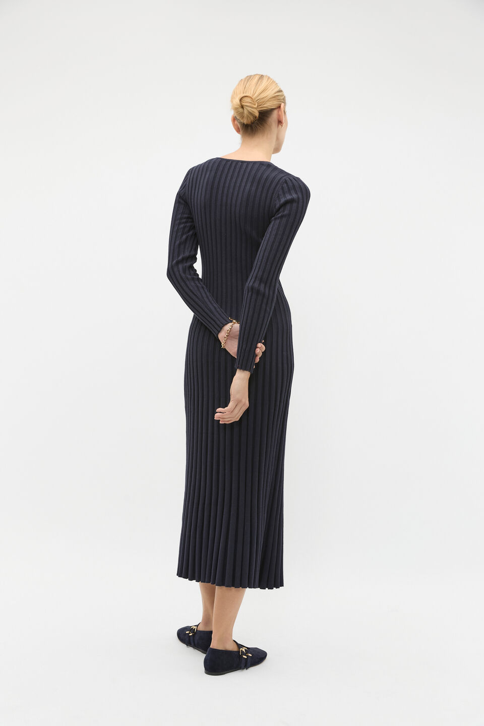 Pleated V Neck Knit Dress  Twilight Blue