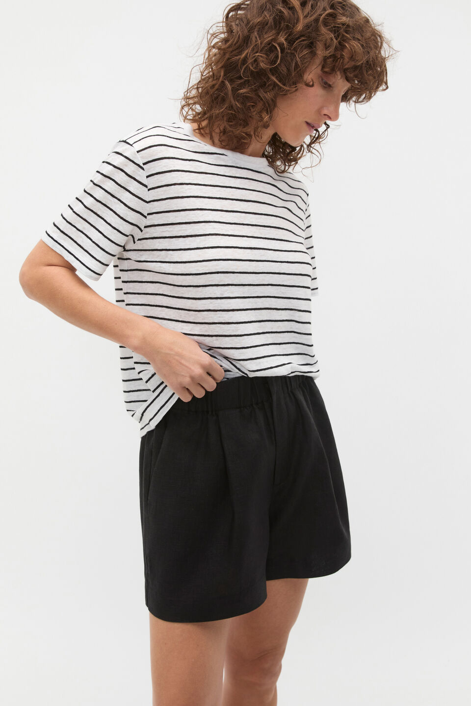 Linen Neat Tee  Black Stripe