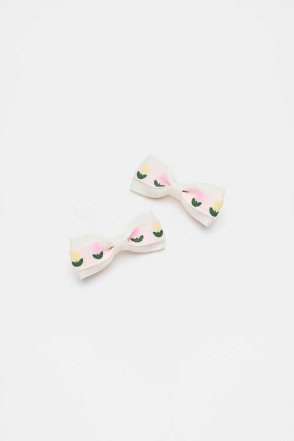 Flower Printed Bow Duck Clips  Cream  hi-res