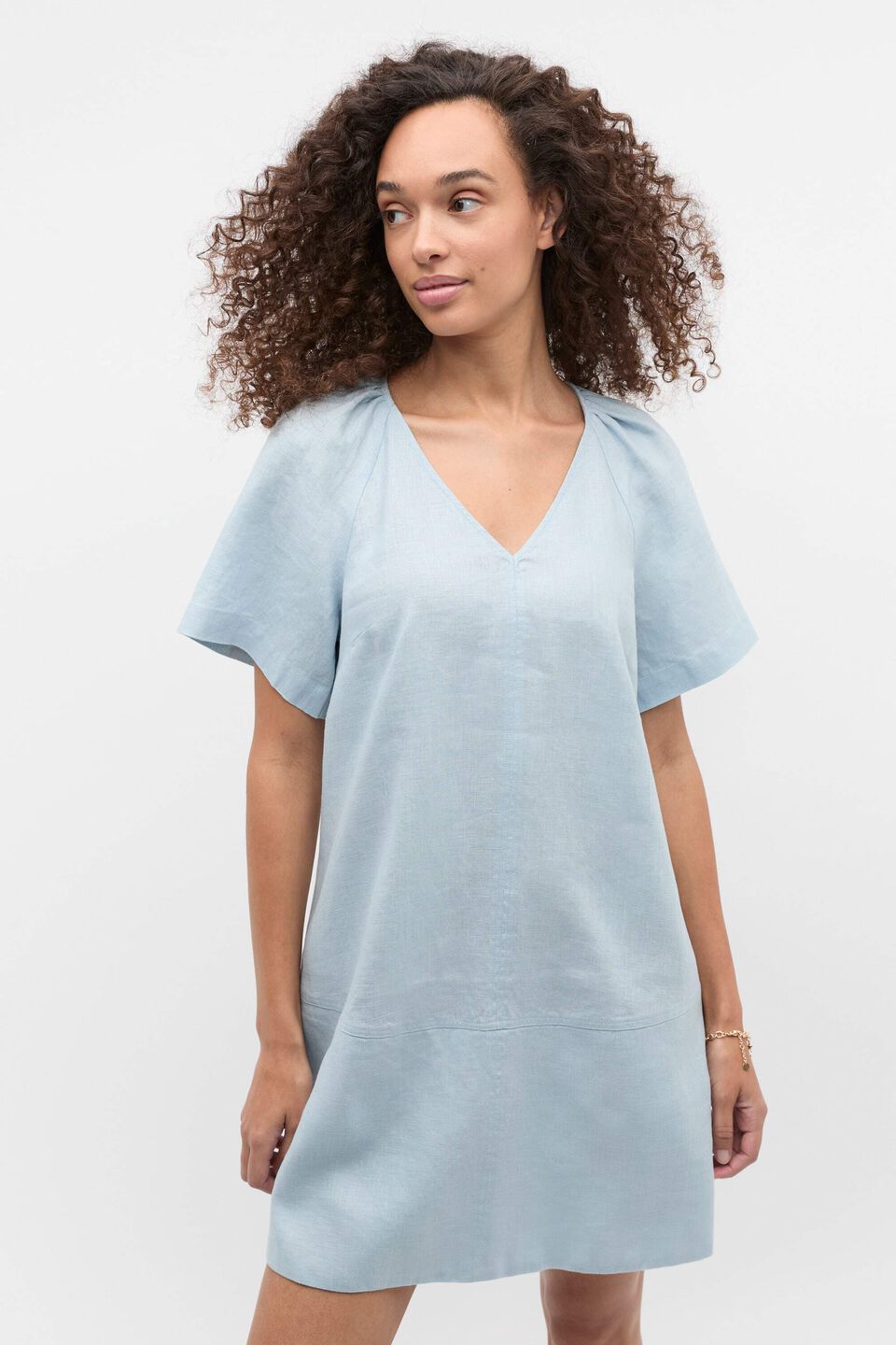 Linen V Neck Flutter Sleeve Mini Dress  Bluebell