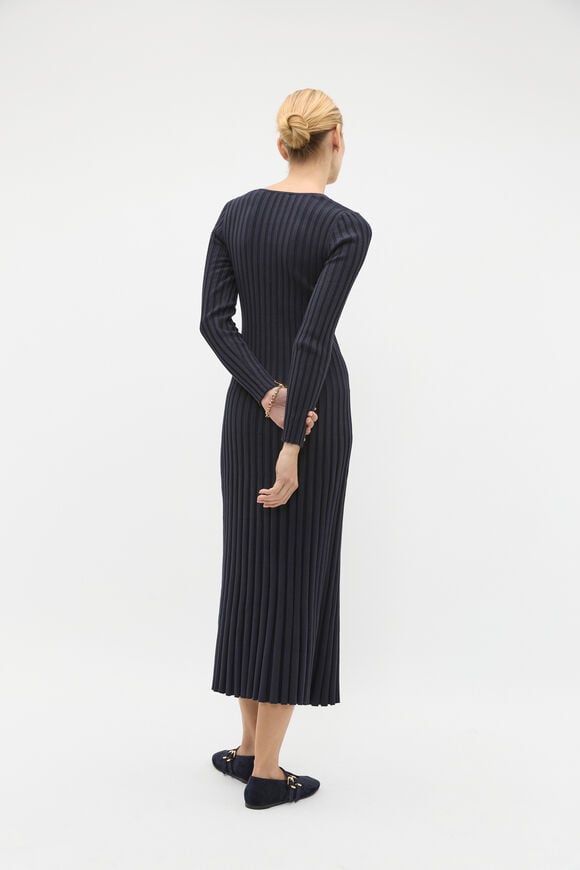 Pleated V Neck Knit Dress  Twilight Blue  hi-res