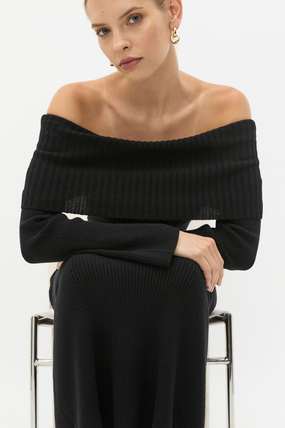 Off Shoulder Knit Dress  Black  hi-res