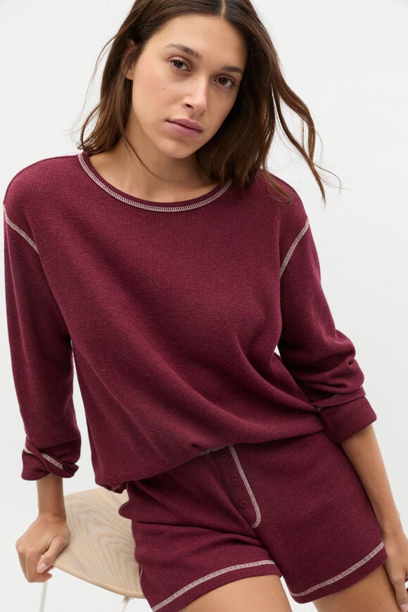 Contrast Long Sleeve and Short PJ Set  Plum Red Marle  hi-res