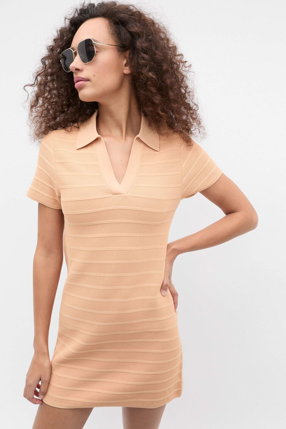 Textured Knit Polo Dress  Apricot