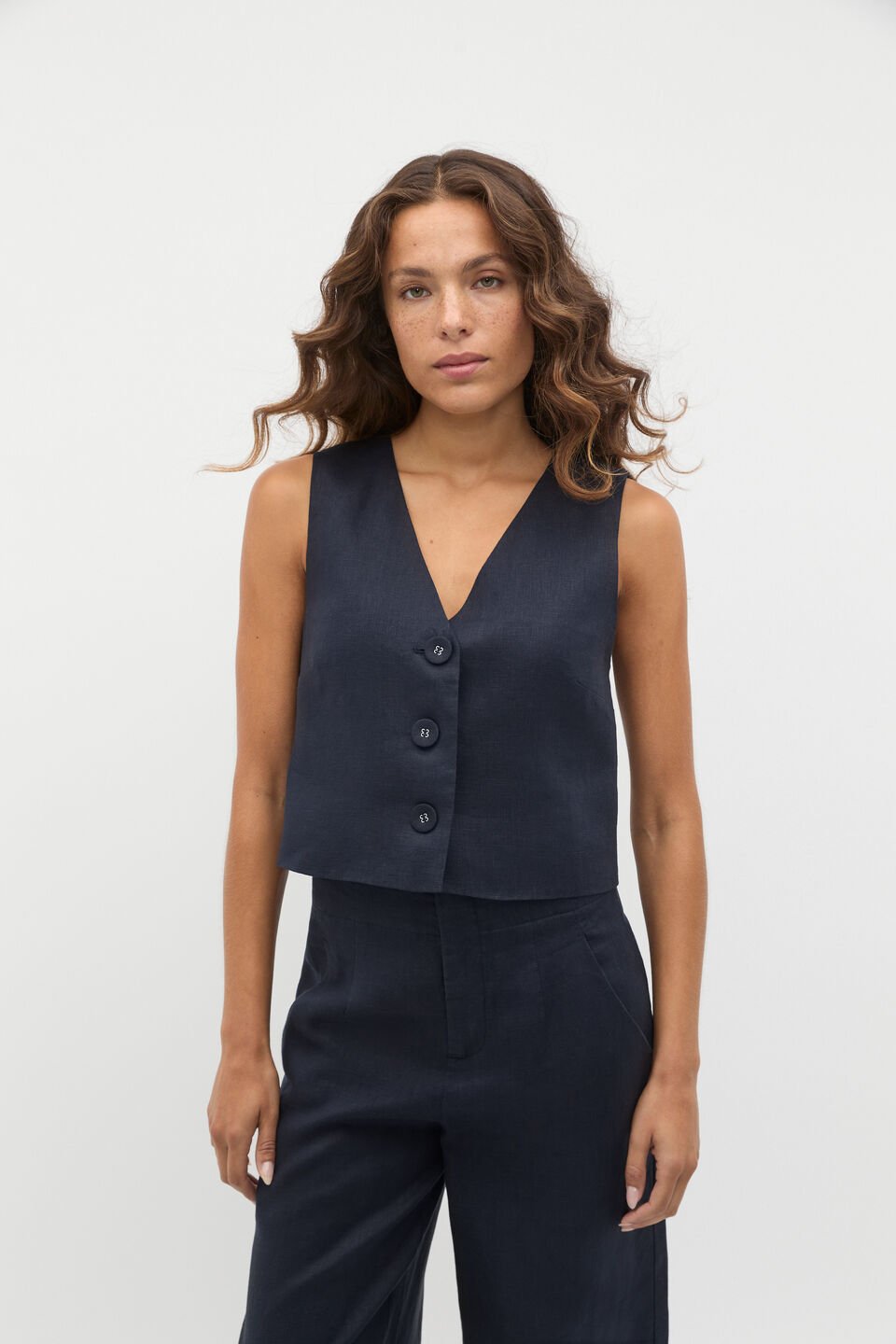 Linen V Neck Button Shell  Twilight Blue