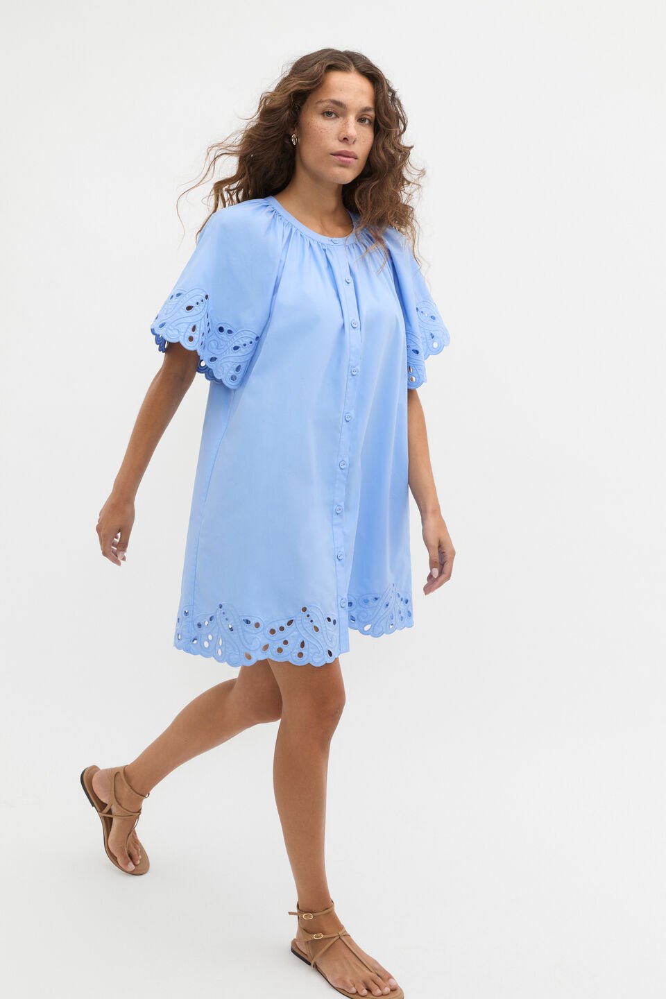 Poplin Broderie Mini Dress  Cornflower Blue