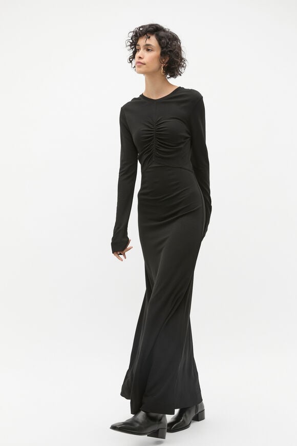 Micro Jersey Ruched Midi Dress  Black  hi-res