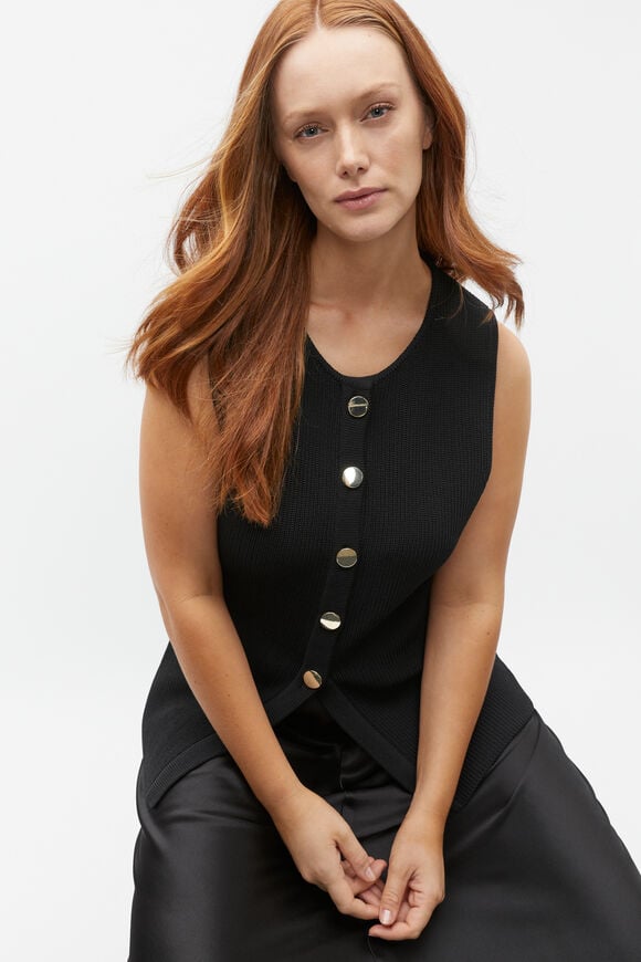 Crepe Rib Button Down Vest  Black  hi-res