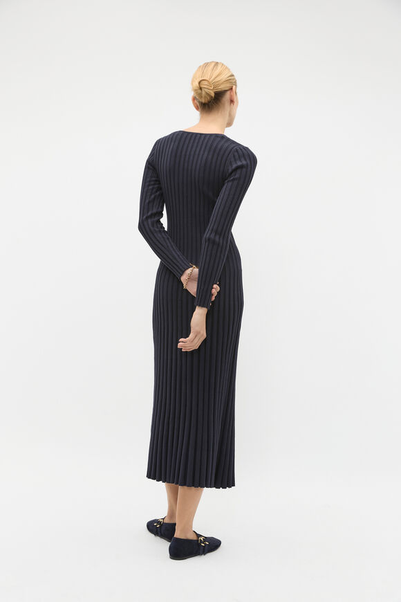 Pleated V Neck Knit Dress  Twilight Blue  hi-res
