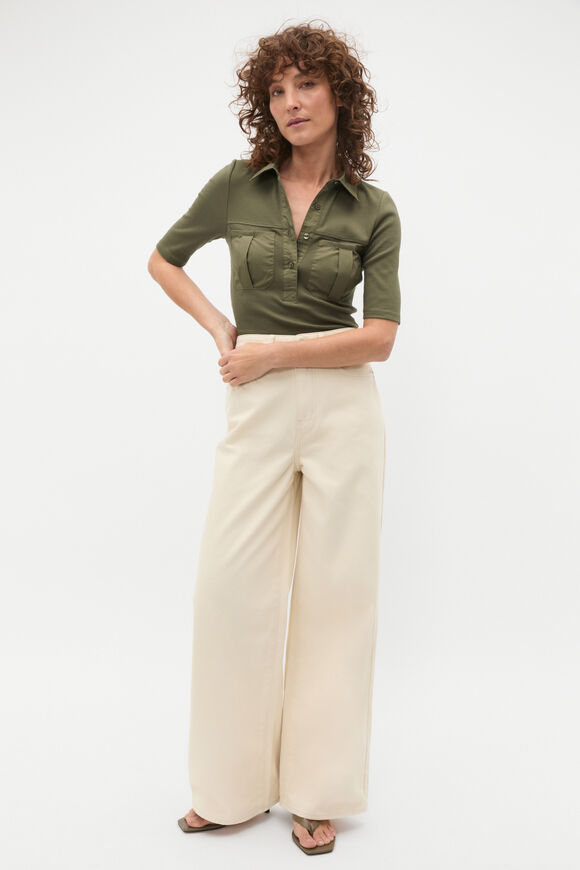 Contrast Placket Polo Top  Olive Leaf  hi-res