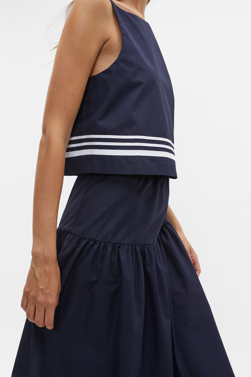 Poplin Stripe Trim Top  Midnight Sky
