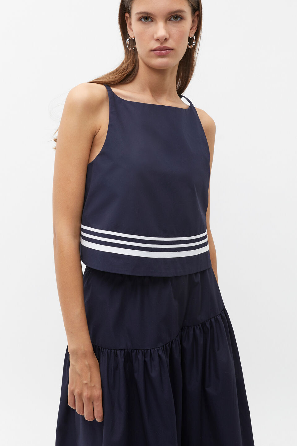 Poplin Stripe Trim Top  Midnight Sky