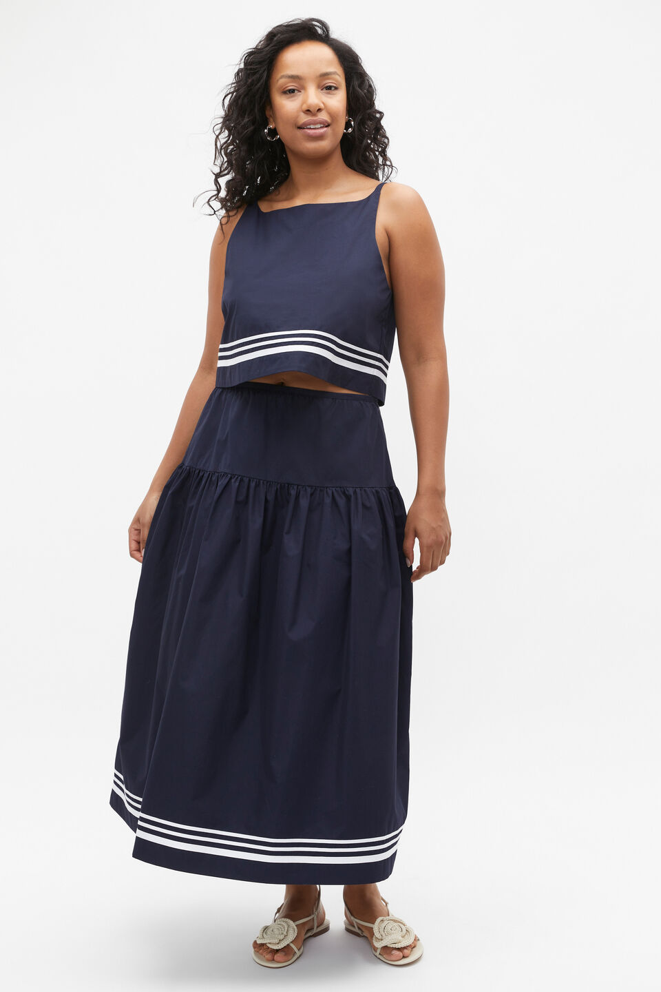 Poplin Stripe Trim Top  Midnight Sky