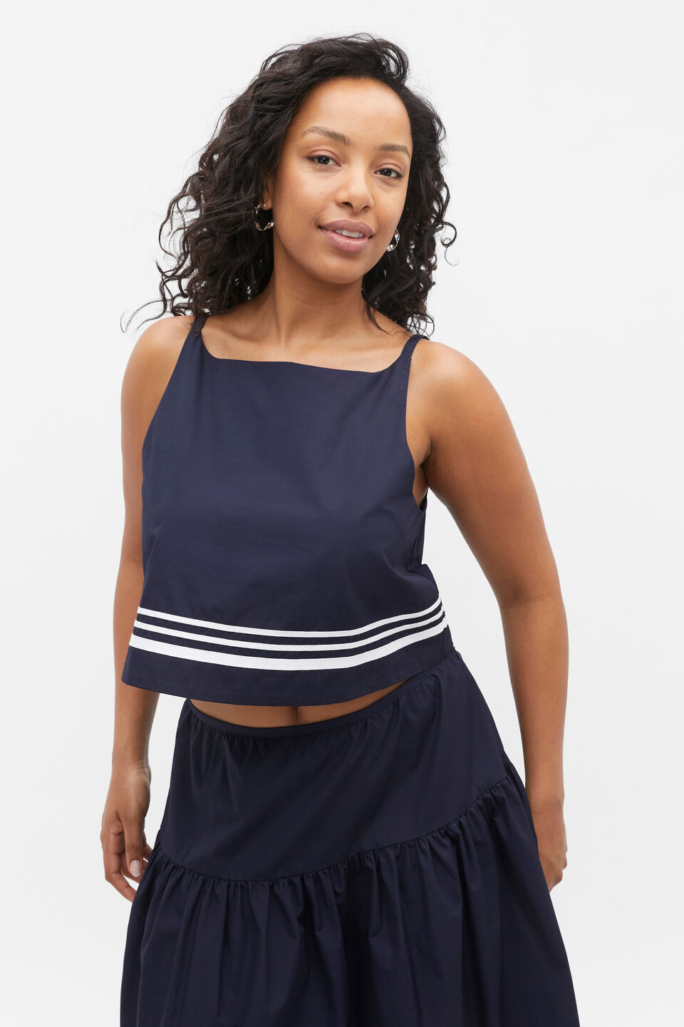 Poplin Stripe Trim Top  Midnight Sky