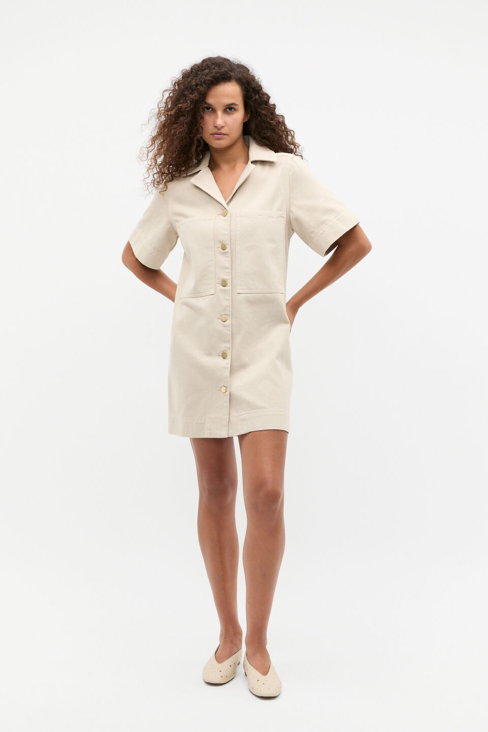 Denim Button Through Mini Dress  Oat