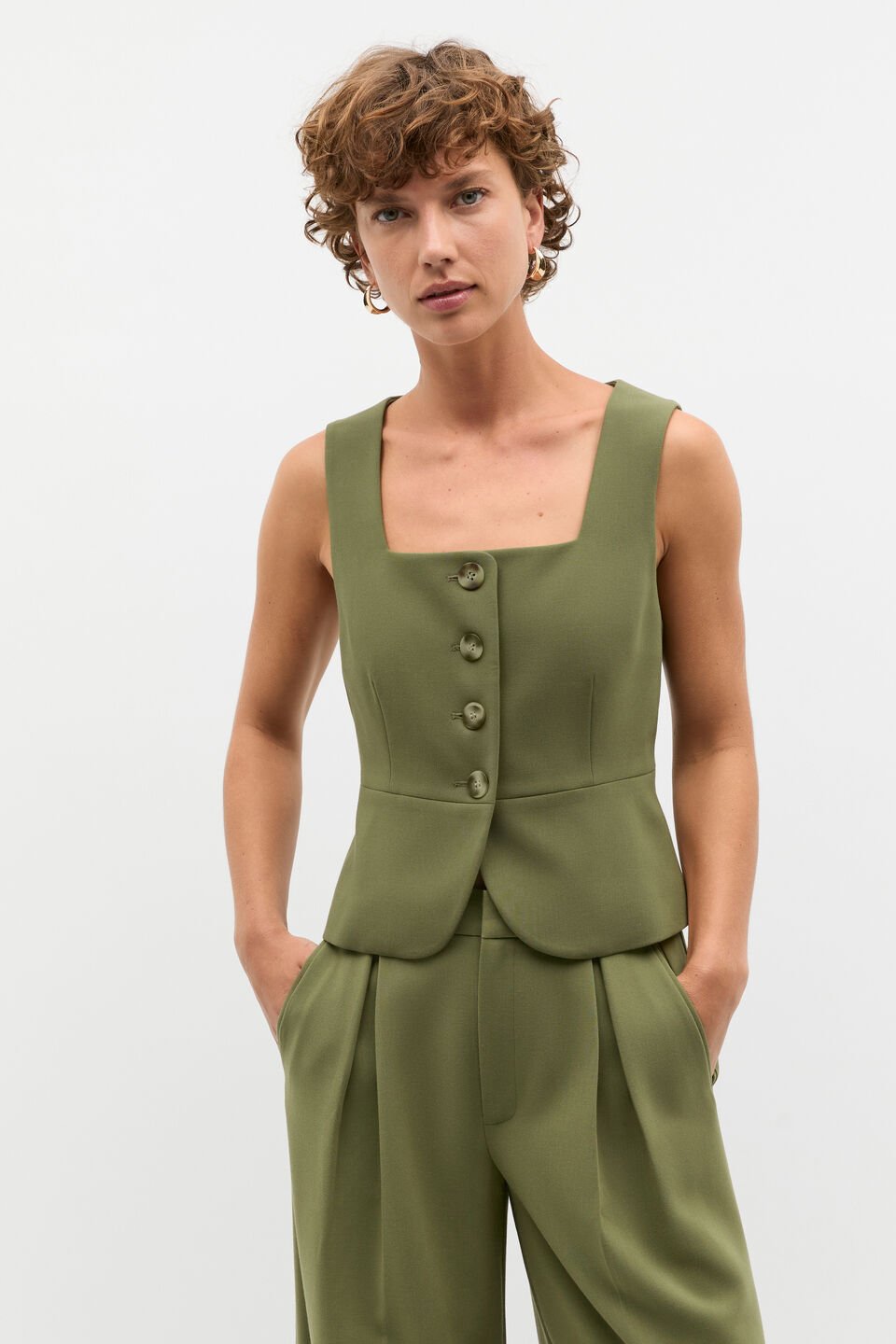 Waisted Button Down Suit Vest  Rainforest