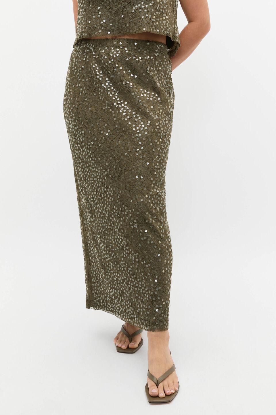 Sequin Lace Skirt  Olive Leaf